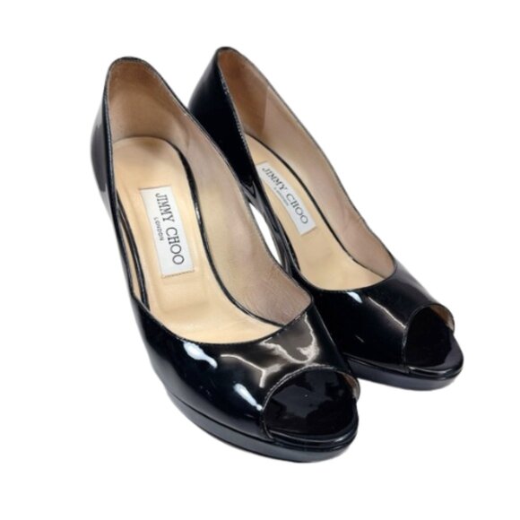 Jimmy Choo Womens 37.5 Luna Peep Toe Nude Pumps Patent Leather Made In Italy - Picture 1 of 15
